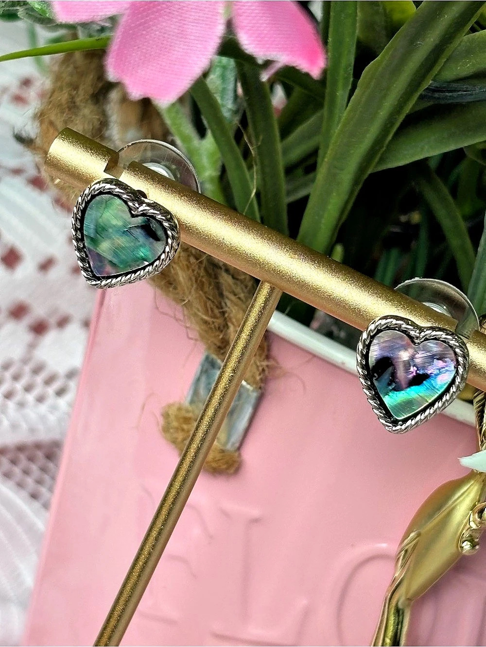 Park Lane Indigo Genuine Abalone Heart Stud Earrings in Silver Antique Finish